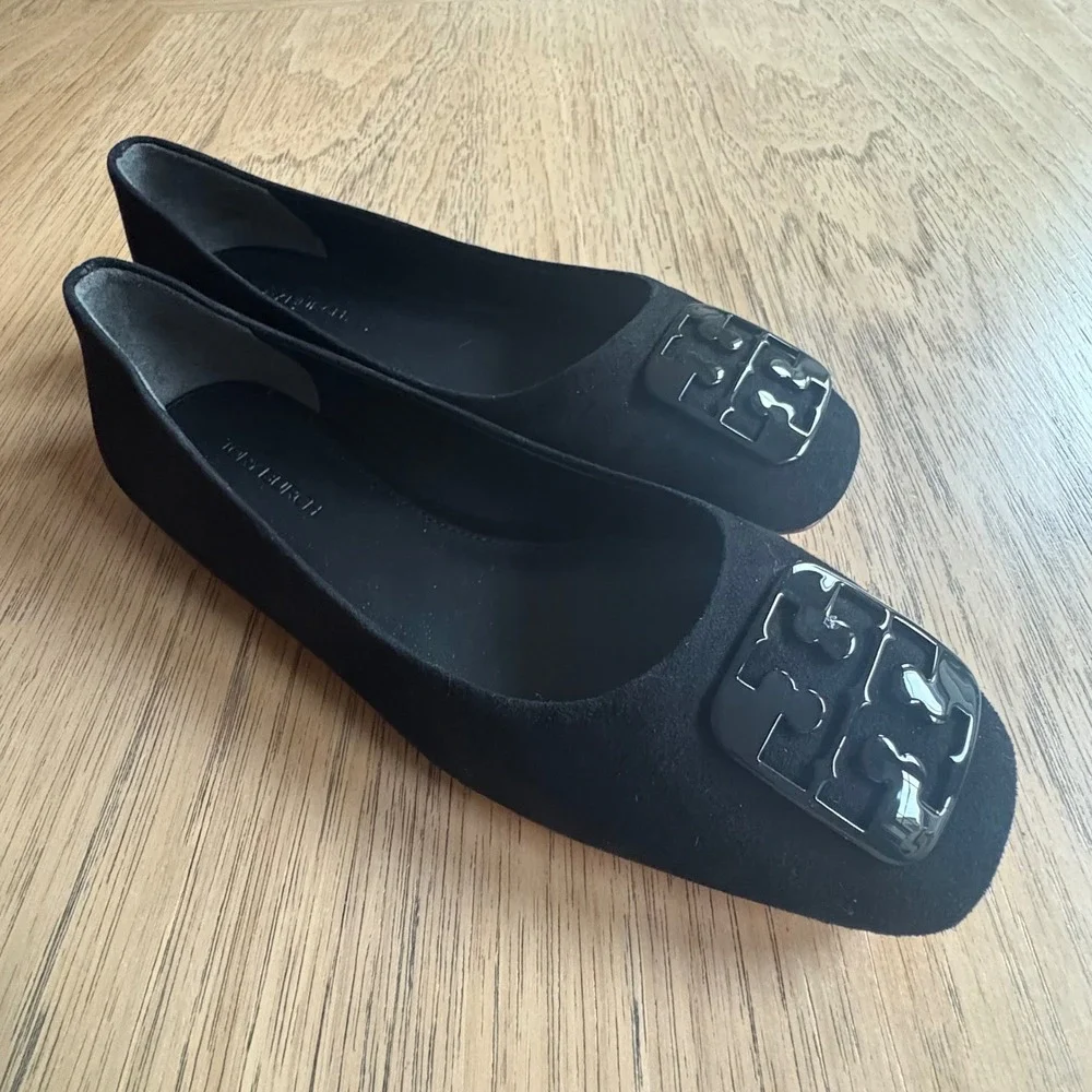 $258 NWB TORY BURCH Georgia Blk Suede Leather‎ Square Toe Ballet Flats SZ 5.5